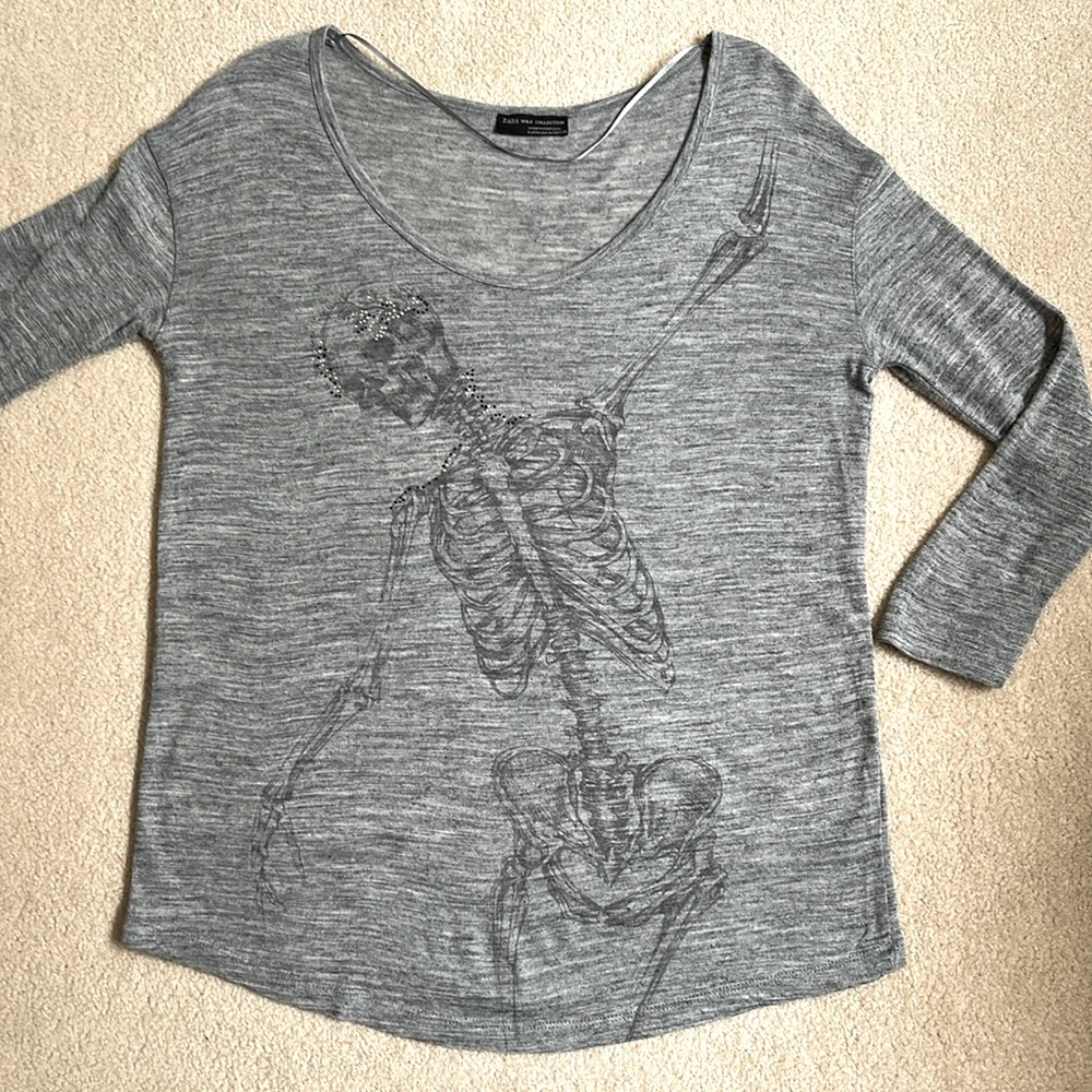 Zara slub knit 3/4 sleeve tee with skeleton print & rhinestone detail. Size USM